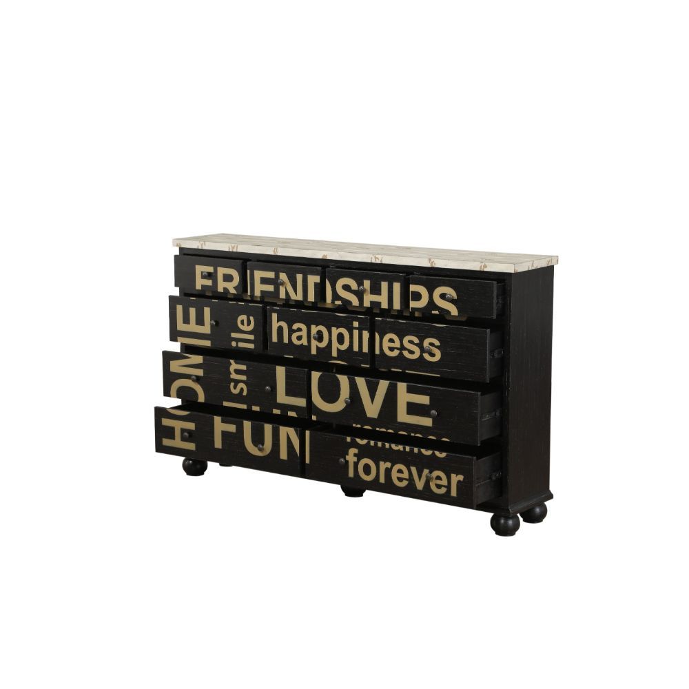 The Arwin console table is the perfect addition to any living room, hallway, bedroom, or even den needing that extra bit of storage. This antique black/ white wash table features 11 drawers creating a different look to this piece. The levels of storage pr