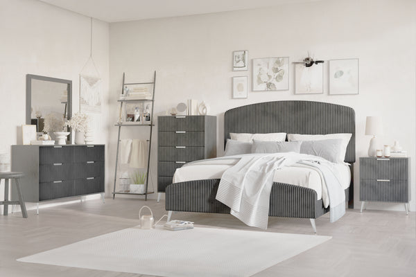 The Kailani 5 Piece Bedroom Set in Gray offers a perfect fusion of modern design, luxurious comfort, and practical functionality, making it an ideal choice for those looking to create a sophisticated and serene bedroom retreat. This comprehensive set incl