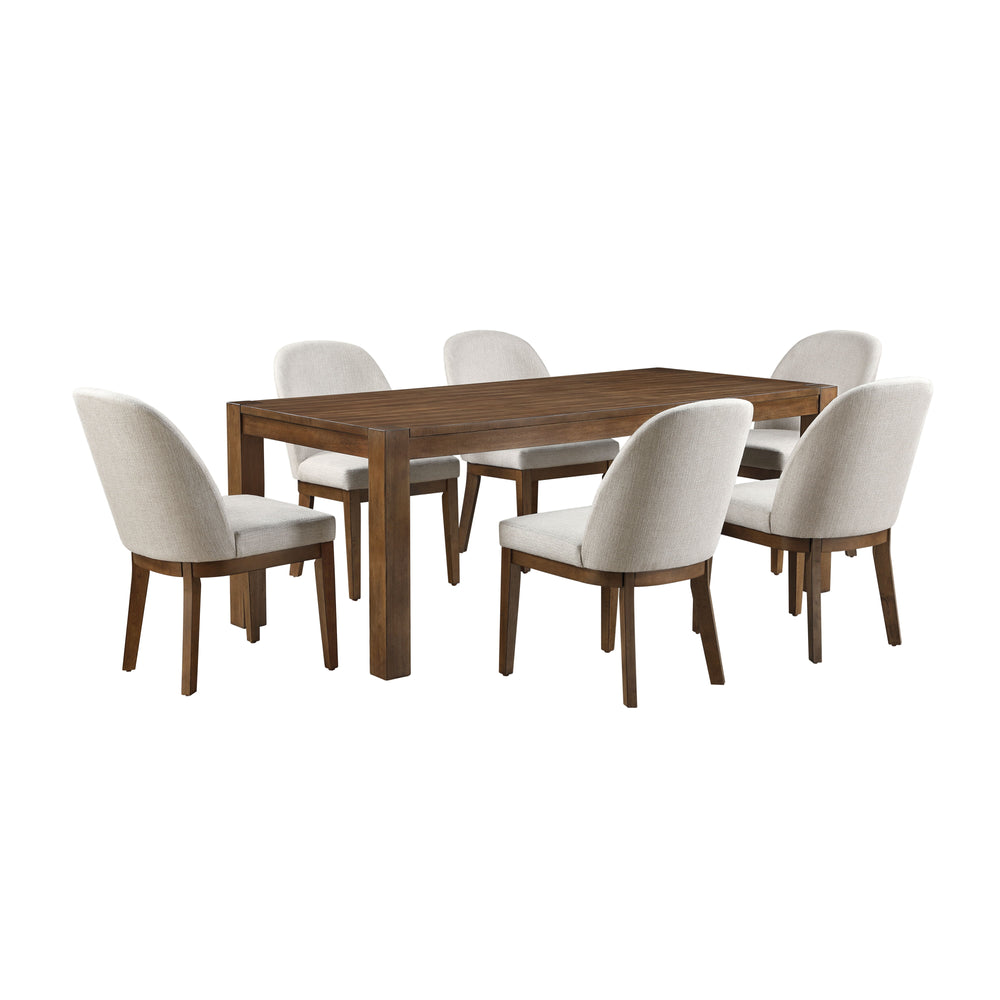 Indulge in the timeless elegance of the Phoenix 7 Piece Dining Set, featuring a 78" dining table and 6 side chairs in a rich chestnut brown finish. Crafted from durable rubberwood solids and birch veneers, this set ensures longevity without compromising s