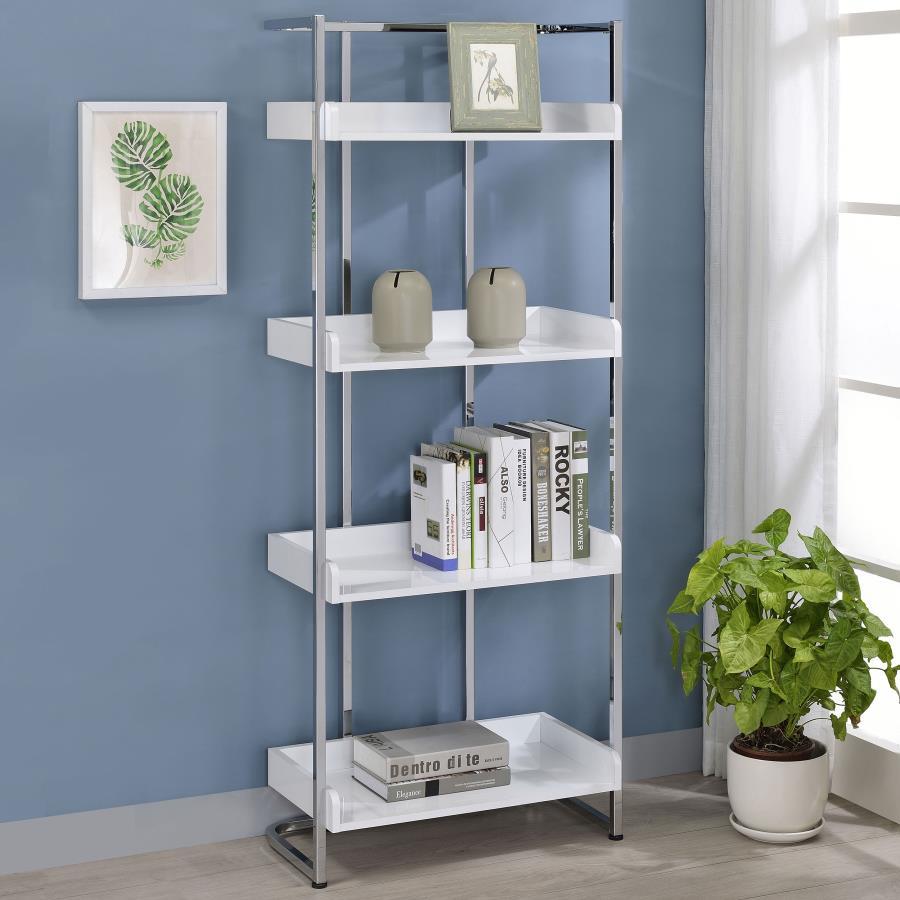 A steel bookcase is bound to steal your heart with its stylish appearance. Four roomy shelves allow for displaying your favorite novels. With its open back design, you-'ll have no trouble finding the ideal spot in your modern office. Its construction ensu