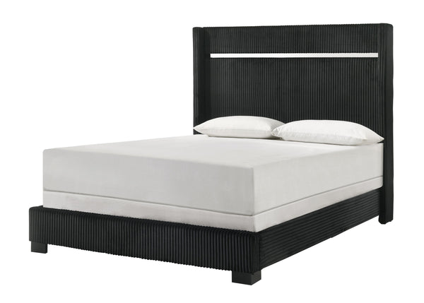 This bedroom collection strikes a balance between bold and classic styles. It features a striking bed with a high, textured headboard that commands attention. The accompanying case goods, including a dresser with a mirror, chest, and nightstand, are all f