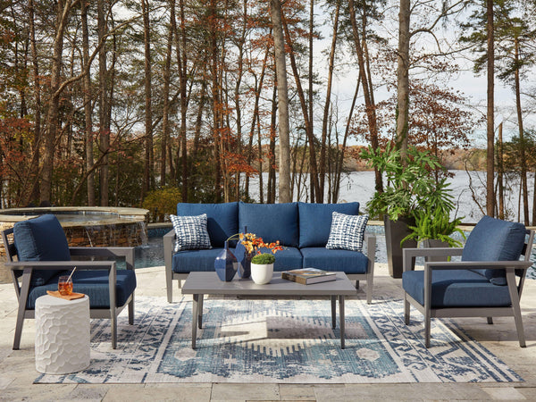  chairs and coffee table. The setâ€™s durable aluminum frames in a sleek pewter tone withstand the element