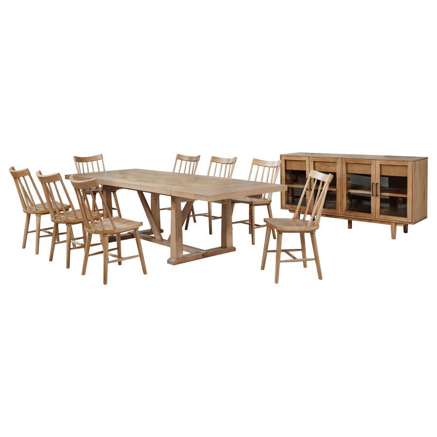 This ten-piece dining set is designed to elevate your dining experience with exceptional style and functionality. Featuring an extendable dining table with two removable leaves, it provides ample space for both everyday meals and larger gatherings. Comple