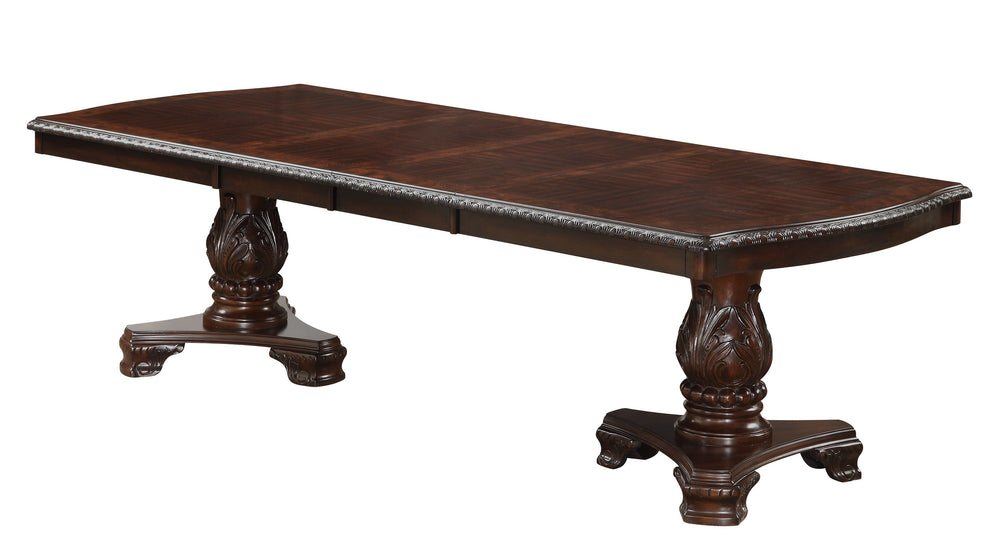 Elevate your dining experience with this exquisite and elegantly crafted set, designed to bring timeless sophistication to your home. The grand rectangular table features a rich, dark finish and intricately carved double pedestal base, making it the perfe