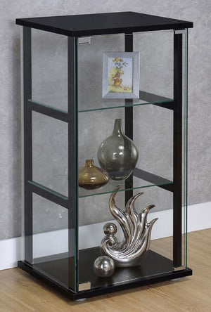  this curio cabinet offers a perfect venue for showcasing treasured decor. Bold black tops a simple frame
