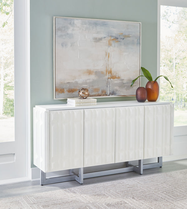  with a lightly distressed white finish enriching the design. Touch latch doors open to reveal two shelves for all your s