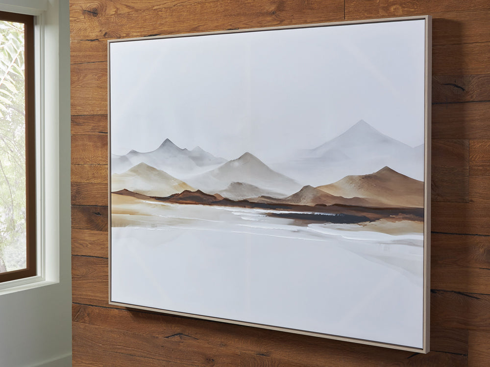 Bring the majesty of the mountains indoors with this landscape. An open expanse in the foreground contrasts and draws the eye to the rolling hills. The wall art takes a minimalistic approach to natural beauty, with neutral tones that make an impact in con