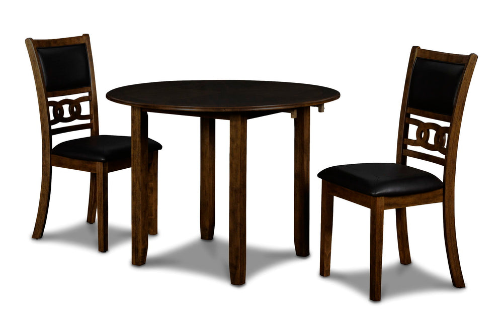 The small space friendly Gia Drop Leaf Dining Table and Chair Set has two 8" drop down leaves that transform this dining table from a 42" round dining set to 24" wide, fitting into compact spaces with ease. The dining table and chair legs are crafted of s