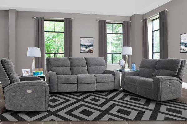 Polaris - Bizmark Grey Power Reclining Sofa Loveseat and Recliner