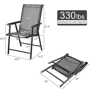 High quality and brand new <br>4 pieces folding textilene chairs with armrest <br>Steel frame  sturdy and durable <br>Folding feature  easy and simple to store or transport <br>Perfect for family gathering  party and outdoor camping <br>No assembly need 