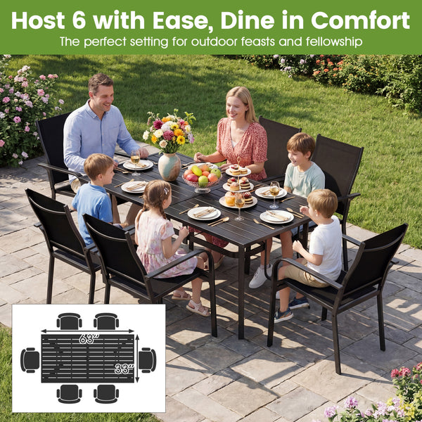 63" x 33" large rectangular tabletop for ample space<br>Dual-size umbrella holes with lids for fitting various standard patio umbrellas<br>Umbrella poles remain steady with the bottom fixing ring<br>Umbrella base needed (not included)<br>Curved armrests a
