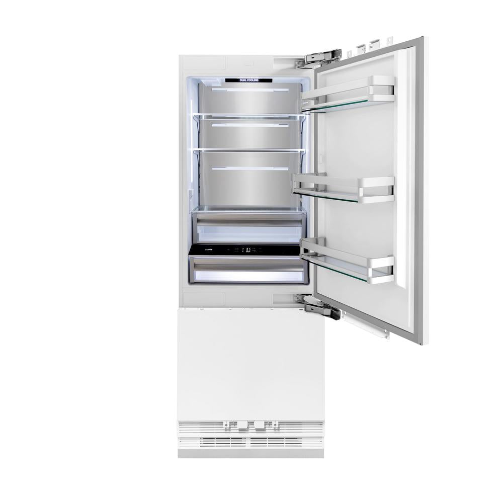 ZLINE Autograph Edition 30 in. 16.1 cu. ft. Panel Ready Built-in 2-Door Bottom Freezer Refrigerator with Internal Water and Ice Dispenser with Polished Gold Handles
