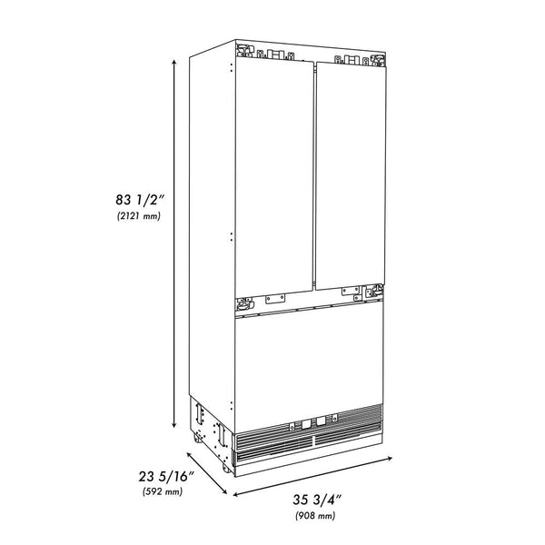 ZLINE Autograph Edition 36 in. 19.6 cu. ft. Panel Ready Built-in 3-Door French Door Refrigerator with Internal Water and Ice Dispenser with Matte Black Handles