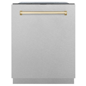 ZLINE Autograph Edition 24" 3rd Rack Top Touch Control Tall Tub Dishwasher in Fingerprint Resistant Stainless Steel with Gold Handle, 45dBa (DWMTZ-SN-24-G)