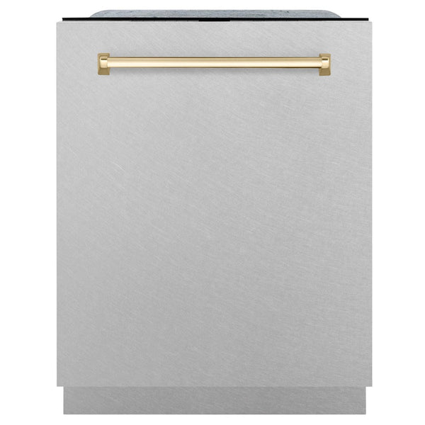 ZLINE Autograph Edition 24" 3rd Rack Top Touch Control Tall Tub Dishwasher in Fingerprint Resistant Stainless Steel with Gold Handle, 45dBa (DWMTZ-SN-24-G)