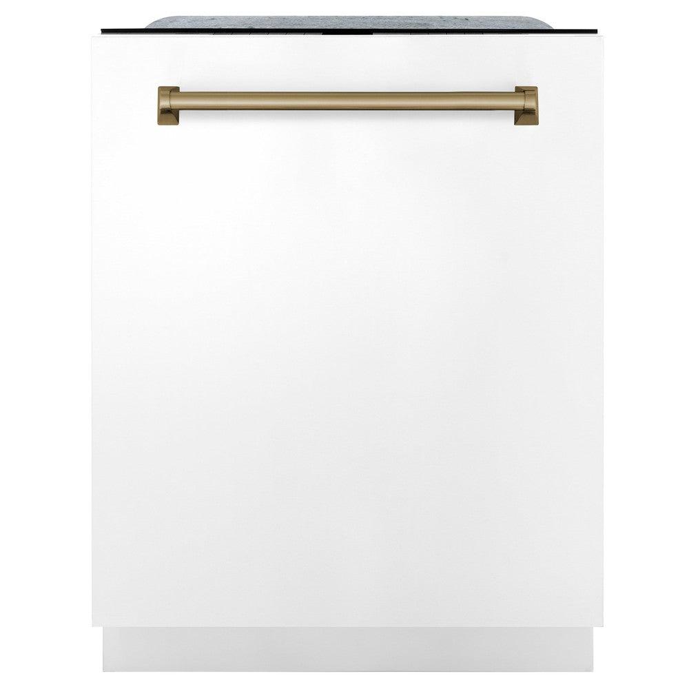 ZLINE Autograph Edition 24" 3rd Rack Top Touch Control Tall Tub Dishwasher in White Matte with Champagne Bronze Handle, 45dBa (DWMTZ-WM-24-CB)