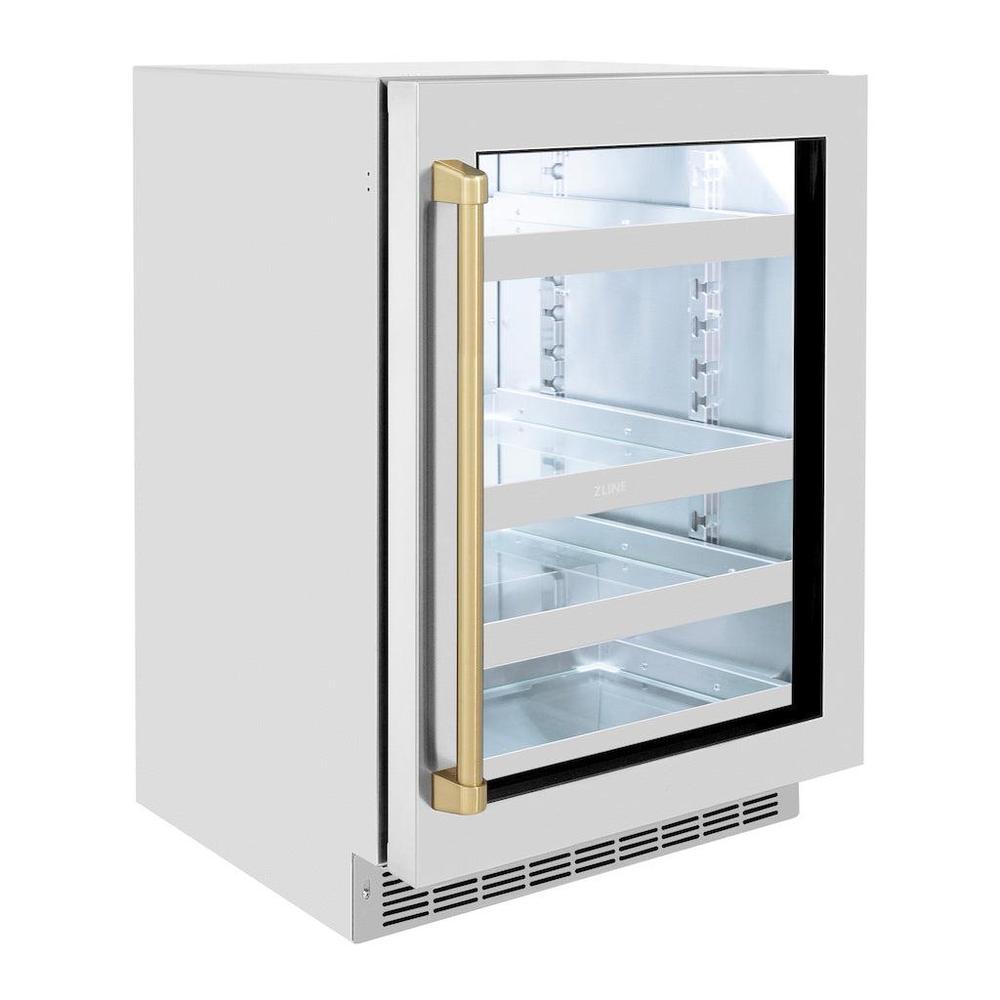 ZLINE Autograph Edition 24 in. Touchstone 151 Can Beverage Fridge With Stainless Steel Glass Door And Champagne Bronze Handle 