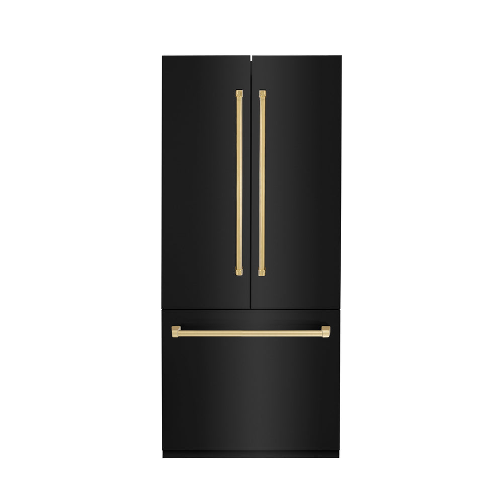 ZLINE 36” Autograph Edition 19.6 cu. ft. Built-in 3-DoorFrench Door Refrigerator with Internal Water and Ice Dispenser in Black Stainless Steel with Gold Accents