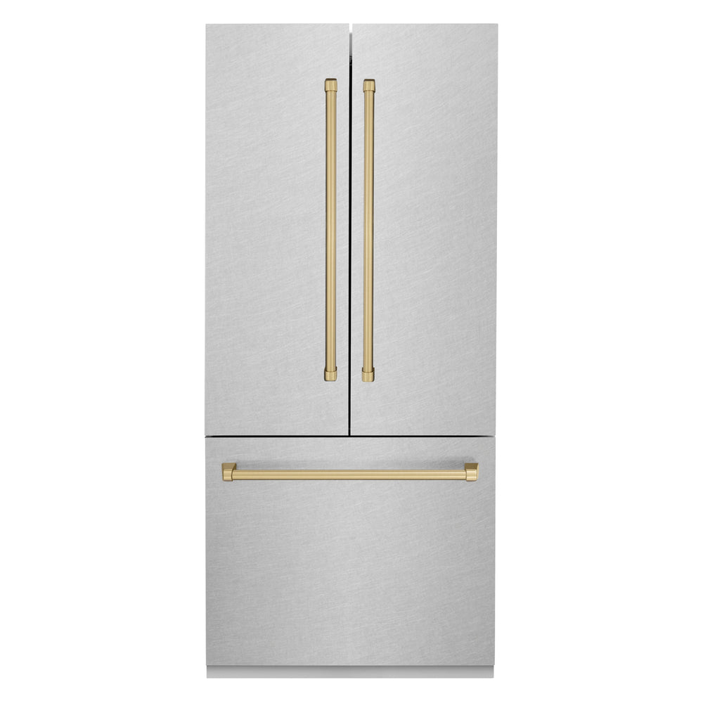 ZLINE 36” Autograph Edition 19.6 cu. ft. Built-in 3-Door French Door Refrigerator with Internal Water and Ice Dispenser in Fingerprint Resistant Stainless Steel with Champagne Bronze Accents