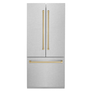 ZLINE 36” Autograph Edition 19.6 cu. ft. Built-in 3-Door French Door Refrigerator with Internal Water and Ice Dispenser in Fingerprint Resistant Stainless Steel with Champagne Bronze Accents