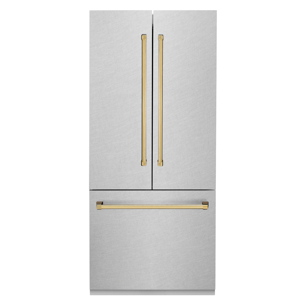 ZLINE 36” Autograph Edition 19.6 cu. ft. Built-in 3-Door French Door Refrigerator with Internal Water and Ice Dispenser in Fingerprint Resistant Stainless Steel with Gold Accents