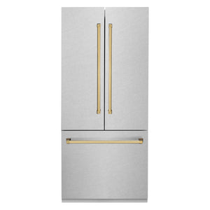 ZLINE 36” Autograph Edition 19.6 cu. ft. Built-in 3-Door French Door Refrigerator with Internal Water and Ice Dispenser in Fingerprint Resistant Stainless Steel with Gold Accents