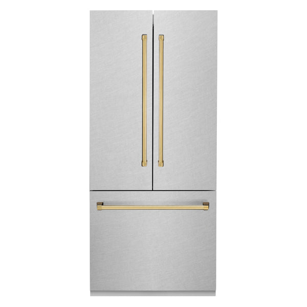 ZLINE 36” Autograph Edition 19.6 cu. ft. Built-in 3-Door French Door Refrigerator with Internal Water and Ice Dispenser in Fingerprint Resistant Stainless Steel with Gold Accents