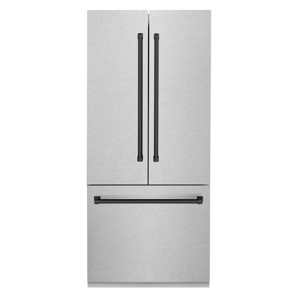 ZLINE 36” Autograph Edition 19.6 cu. ft. Built-in 3-Door French Door Refrigerator with Internal Water and Ice Dispenser in Fingerprint Resistant Stainless Steel with Matte Black Accents