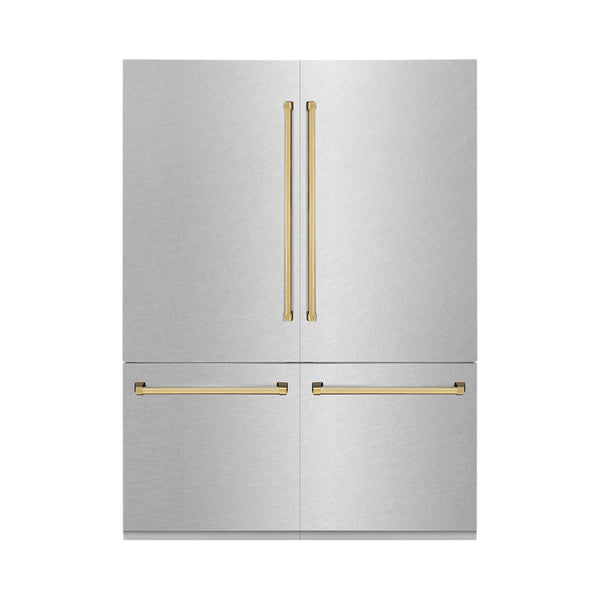 ZLINE 60" Autograph Edition 32.2 cu. ft. Built-in 4-Door French Door Refrigerator with Internal Water and Ice Dispenser in Fingerprint Resistant Stainless Steel with Gold Accents