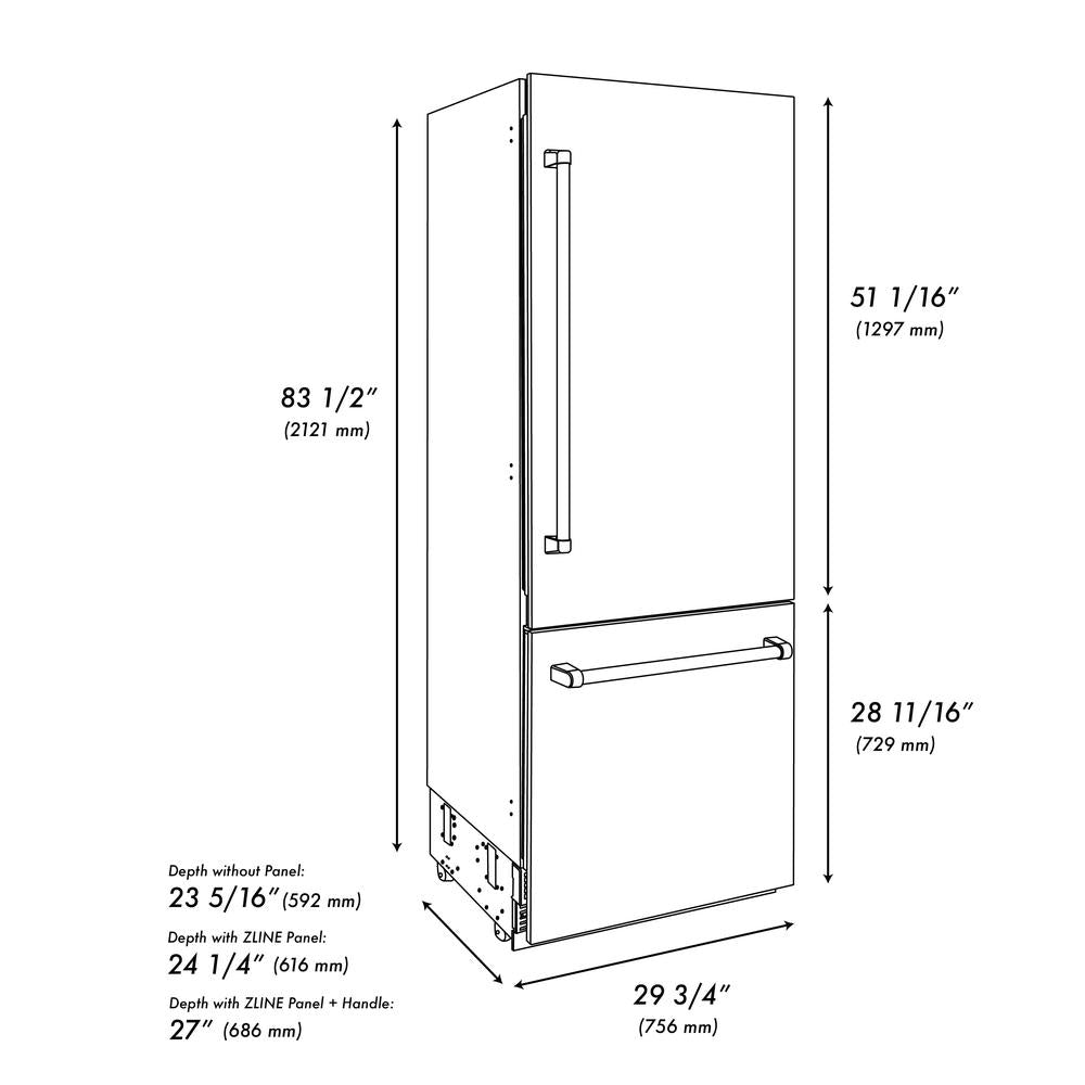 ZLINE 30” Autograph Edition 16.1 cu. ft. Built-in 2-Door Bottom Freezer Refrigerator with Internal Water and Ice Dispenser in White Matte with Gold Accents