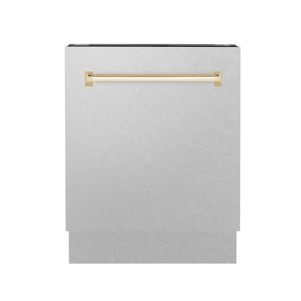ZLINE Autograph Edition 24" 3rd Rack Top Control Built-In Tall Tub Dishwasher in Fingerprint Resistant Stainless Steel with Gold Handle, 51dBa (DWVZ-SN-24-G)