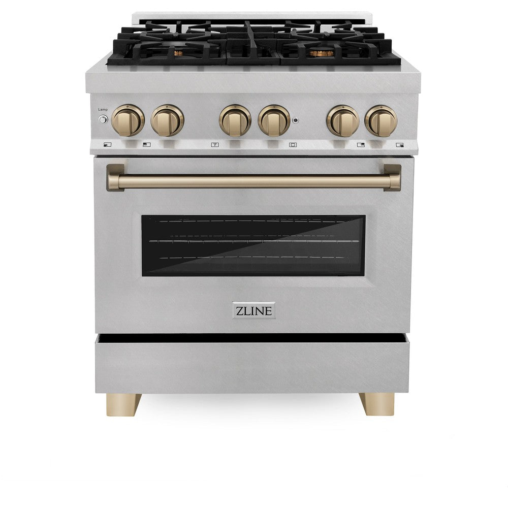 ZLINE Autograph Edition 30" 4.0 cu. ft. Dual Fuel Range with Gas Stove and Electric Oven in Fingerprint Resistant Stainless Steel with Champagne Bronze Accents (RASZ-SN-30-CB)
