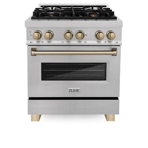 ZLINE Autograph Edition 30" 4.0 cu. ft. Dual Fuel Range with Gas Stove and Electric Oven in Fingerprint Resistant Stainless Steel with Champagne Bronze Accents (RASZ-SN-30-CB)