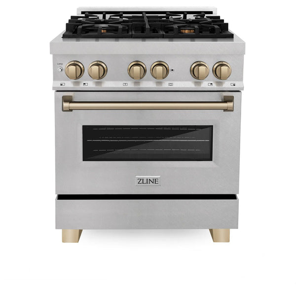 ZLINE Autograph Edition 30" 4.0 cu. ft. Dual Fuel Range with Gas Stove and Electric Oven in Fingerprint Resistant Stainless Steel with Champagne Bronze Accents (RASZ-SN-30-CB)