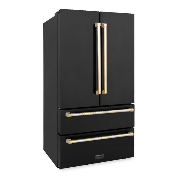 ZLINE 36" Autograph Edition 22.5 cu. ft 4-Door French Door Refrigerator with Ice Maker in Fingerprint Resistant Black Stainless Steel with Gold Accents (RFMZ-36-BS-G)