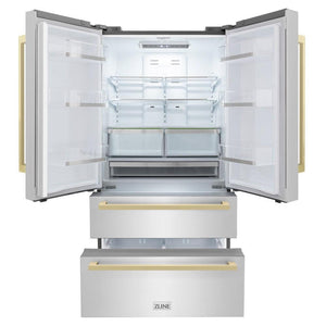 ZLINE 36" Autograph Edition 22.5 cu. ft 4-Door French Door Refrigerator with Ice Maker in Stainless Steel with Champagne Bronze Square Handles (RFMZ-36-FCB)