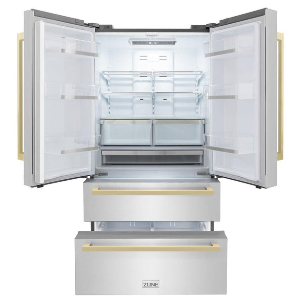 ZLINE 36" Autograph Edition 22.5 cu. ft 4-Door French Door Refrigerator with Ice Maker in Stainless Steel with Champagne Bronze Square Handles (RFMZ-36-FCB)