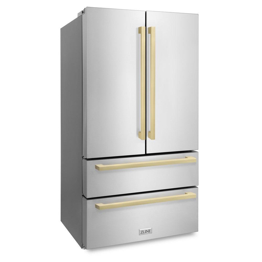 ZLINE 36" Autograph Edition 22.5 cu. ft 4-Door French Door Refrigerator with Ice Maker in Stainless Steel with Champagne Bronze Square Handles (RFMZ-36-FCB)