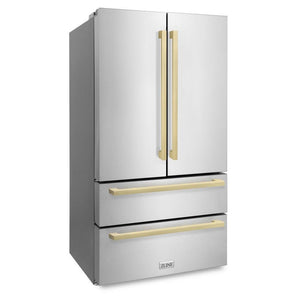 ZLINE 36" Autograph Edition 22.5 cu. ft 4-Door French Door Refrigerator with Ice Maker in Stainless Steel with Champagne Bronze Square Handles (RFMZ-36-FCB)