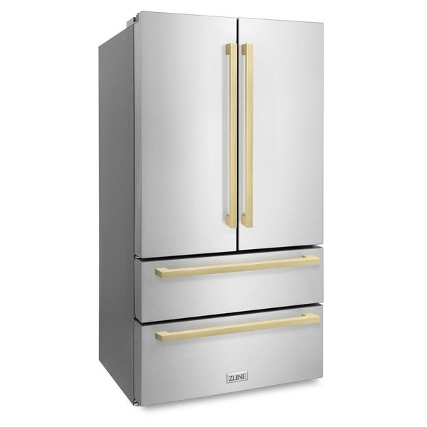 ZLINE 36" Autograph Edition 22.5 cu. ft 4-Door French Door Refrigerator with Ice Maker in Stainless Steel with Champagne Bronze Square Handles (RFMZ-36-FCB)