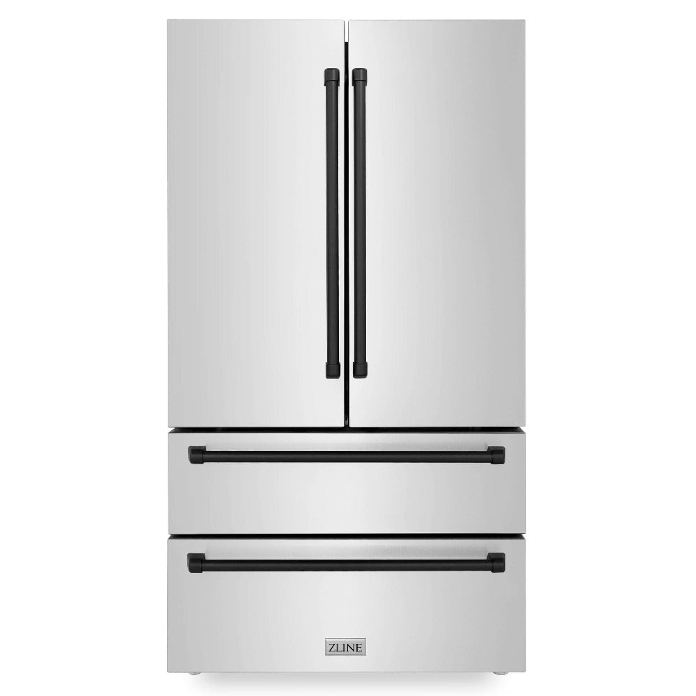 ZLINE 36" Autograph Edition 22.5 cu. ft 4-Door French Door Refrigerator with Ice Maker in Fingerprint Resistant Stainless Steel with Matte Black Accents (RFMZ-36-MB)
