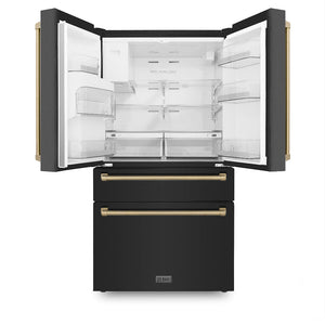 ZLINE 36" Autograph Edition 21.6 cu. ft 4-Door French Door Refrigerator with Water and Ice Dispenser in Fingerprint Resistant Black Stainless Steel with Champagne Bronze Handles (RFMZ-W-36-BS-CB)