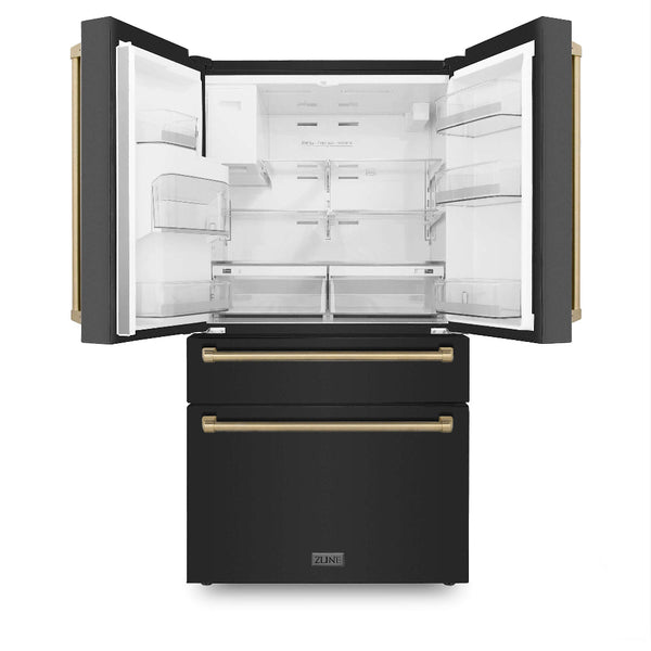 ZLINE 36" Autograph Edition 21.6 cu. ft 4-Door French Door Refrigerator with Water and Ice Dispenser in Fingerprint Resistant Black Stainless Steel with Champagne Bronze Handles (RFMZ-W-36-BS-CB)