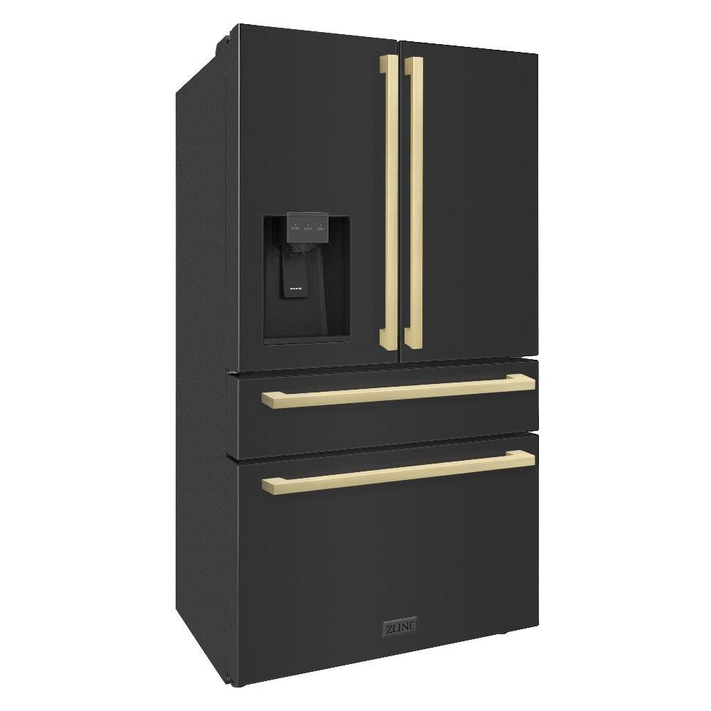 ZLINE 36" Autograph Edition 21.6 cu. ft 4-Door French Door Refrigerator with Water and Ice Dispenser in Black Stainless Steel with Champagne Bronze Square Handles (RFMZ-W36-BS-FCB)