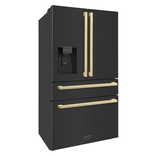 ZLINE 36" Autograph Edition 21.6 cu. ft 4-Door French Door Refrigerator with Water and Ice Dispenser in Black Stainless Steel with Champagne Bronze Square Handles (RFMZ-W36-BS-FCB)