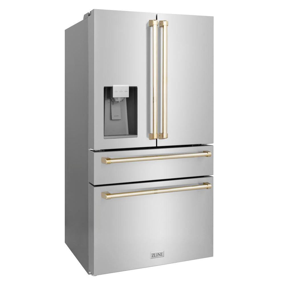 ZLINE 36" Autograph Edition 21.6 cu. ft 4-Door French Door Refrigerator with Water and Ice Dispenser in Fingerprint Resistant Stainless Steel with Gold Accents (RFMZ-W-36-G)
