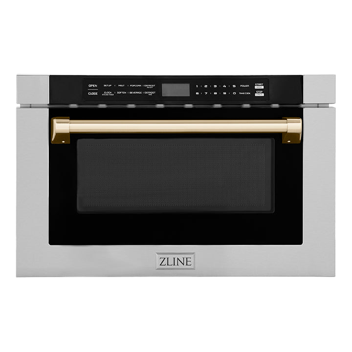 ZLINE Autograph Edition 24" 1.2 cu. ft. Built-in Microwave Drawer with a Traditional Handle in Stainless Steel and Gold Accents