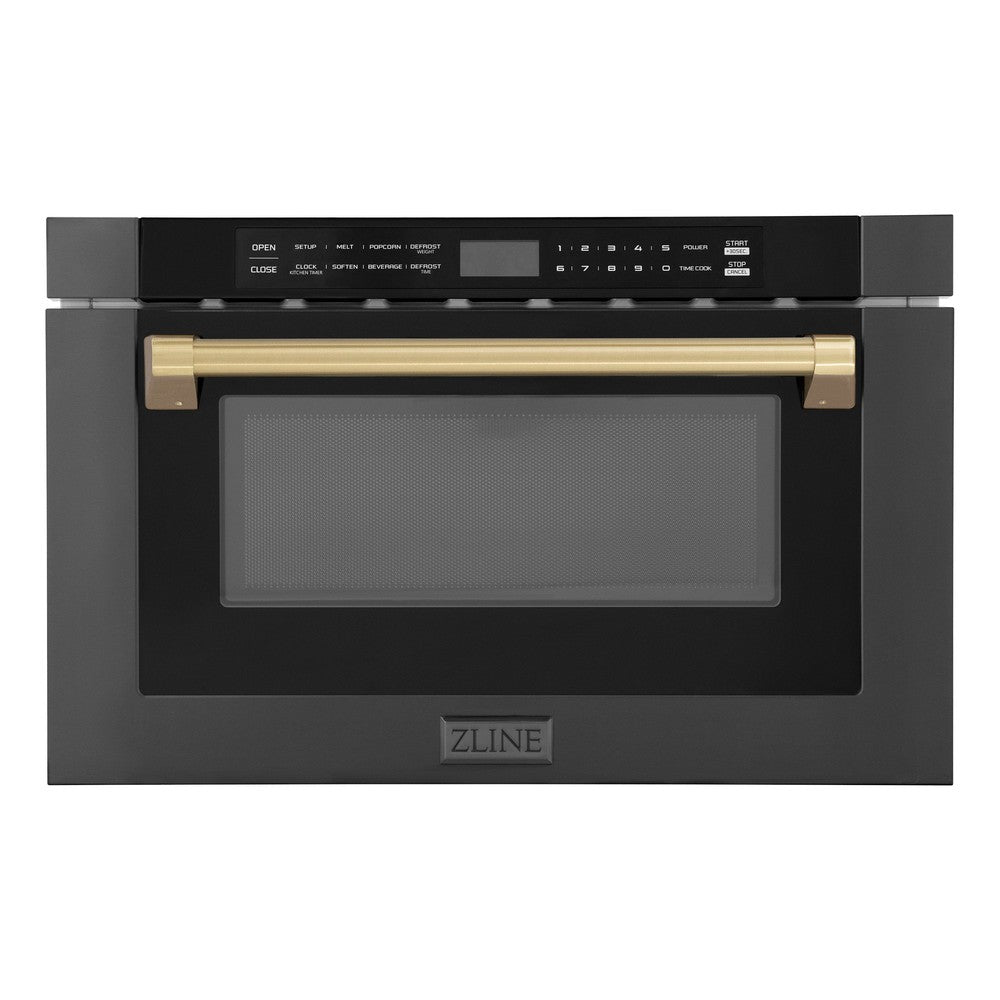 ZLINE Autograph Edition 24" 1.2 cu. ft. Built-in Microwave Drawer in Black Stainless Steel and Champagne Bronze Accents