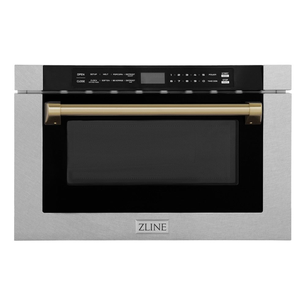ZLINE Autograph Edition 24" 1.2 cu. ft. Built-in Microwave Drawer with a Traditional Handle in Fingerprint Resistant Stainless Steel and Champagne Bronze Accents