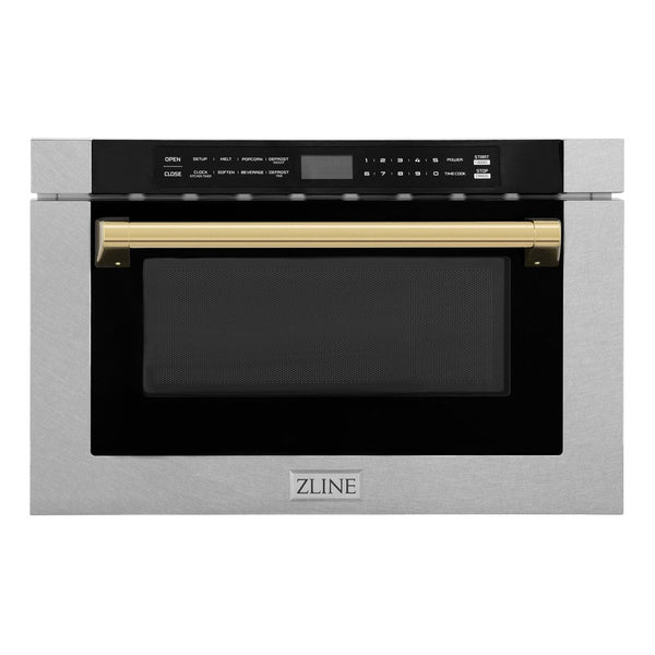 ZLINE Autograph Edition 24" 1.2 cu. ft. Built-in Microwave Drawer with a Traditional Handle in Fingerprint Resistant Stainless Steel and Gold Accents
